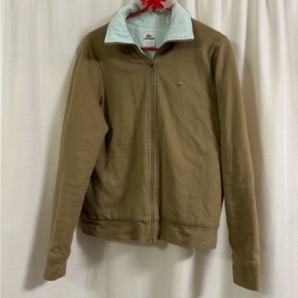 Lacoste Tan Zip-Up Jacket with Light Blue Collar